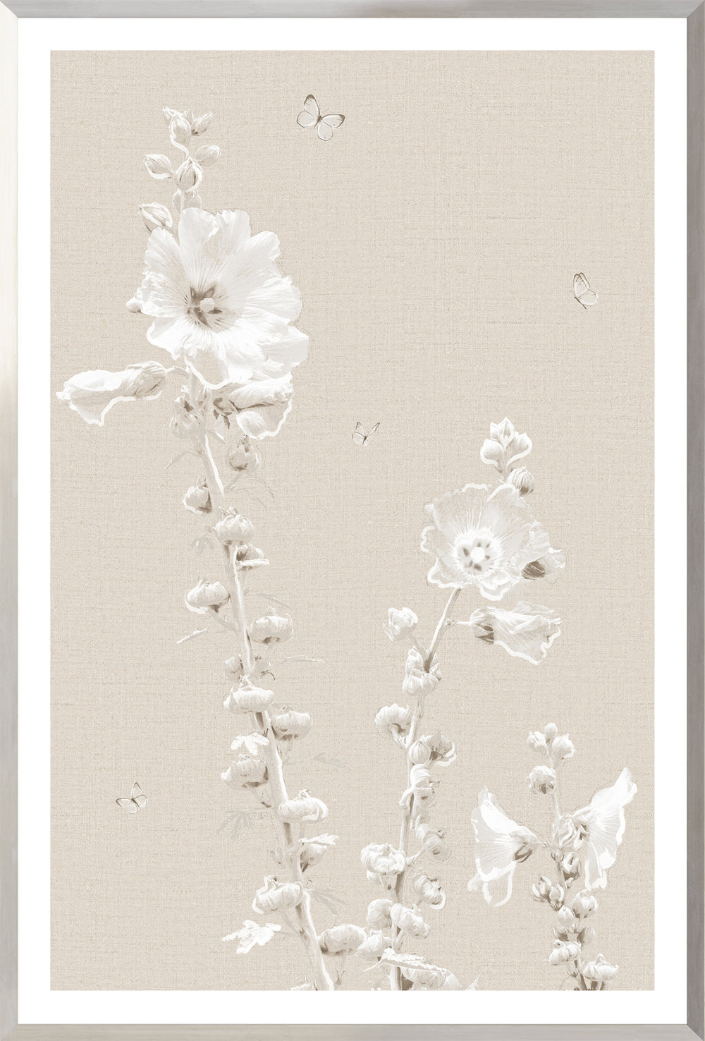 Hollyhocks and Butterflies, art print (glass framed), full view
