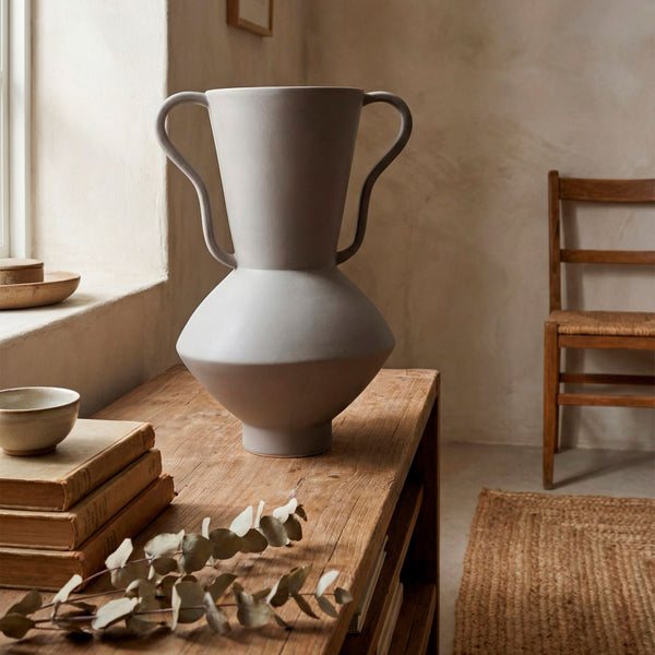 Ruffle Vase with Handles in Clay, styled in a room