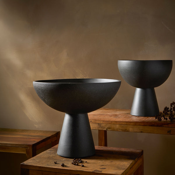 Florentina Footed Bowl in Black, styled in a room