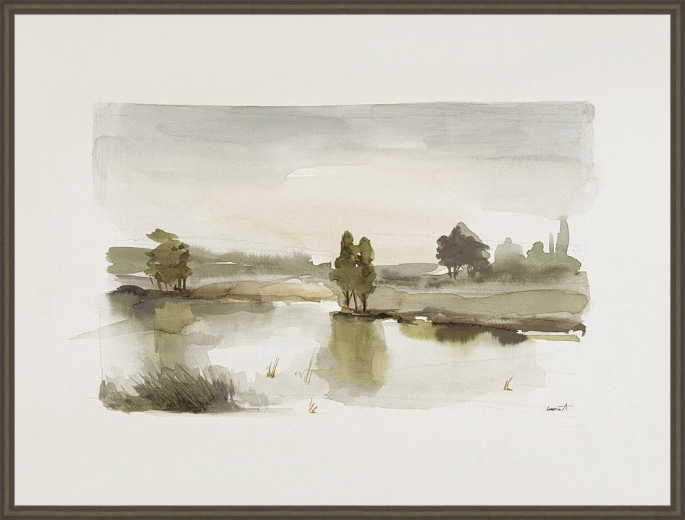 Misty Lake I, glass framed art, full view