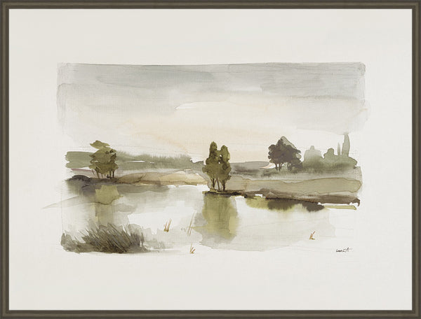 Misty Lake I, glass framed art, full view
