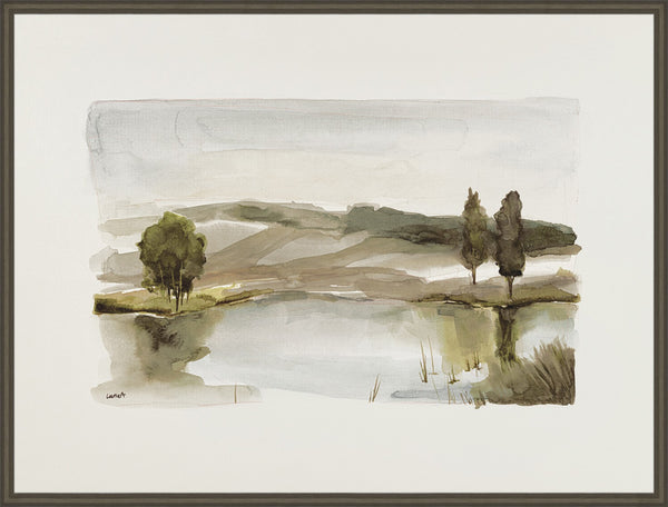Misty Lake II, glass framed art, full view
