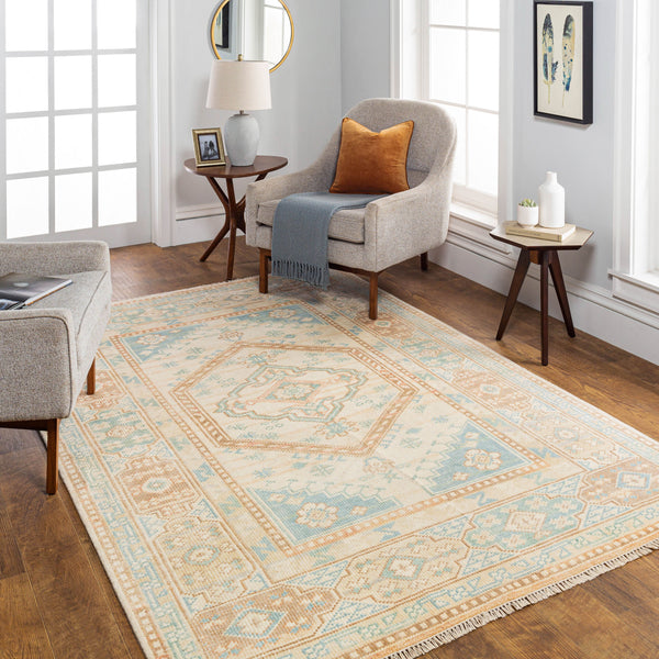 Anadolu Hand Knotted Rug AAU-2309 in Seafoam, styled in a room