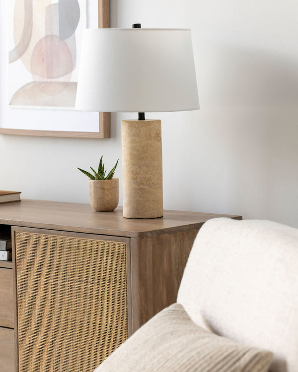 Agate Accent Table Lamp in beige, styled in a room