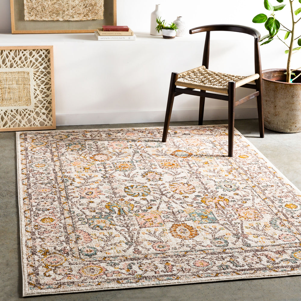 Ankara Machine Woven Rug AKR-2332 in Dusty Pink, styled in a room
