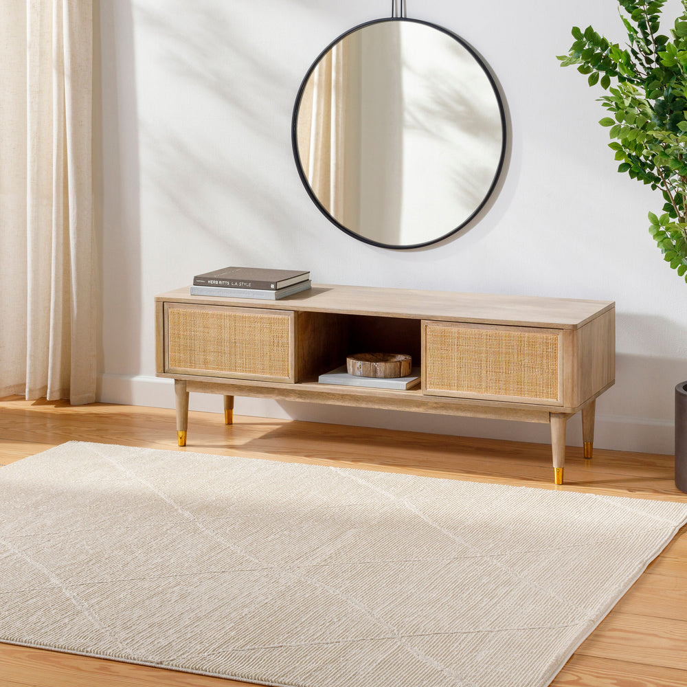 Alder Machine Woven Rug ALD-2300 in Cream, styled in a room