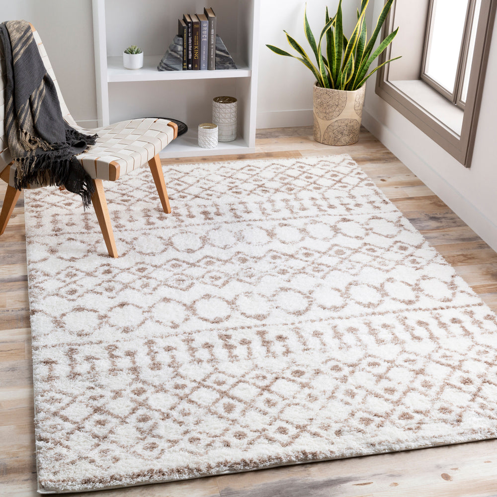 Aliyah Shag Machine Woven Rug ALH-2303 in Beige, styled in a room