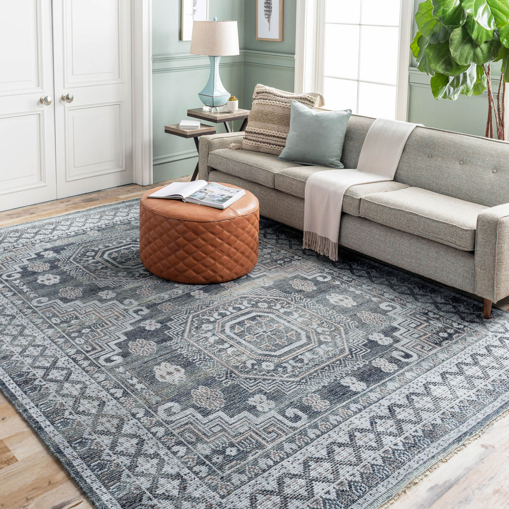 Almeria Hand Knotted Rug ALM-2300 in Black, styled in a room