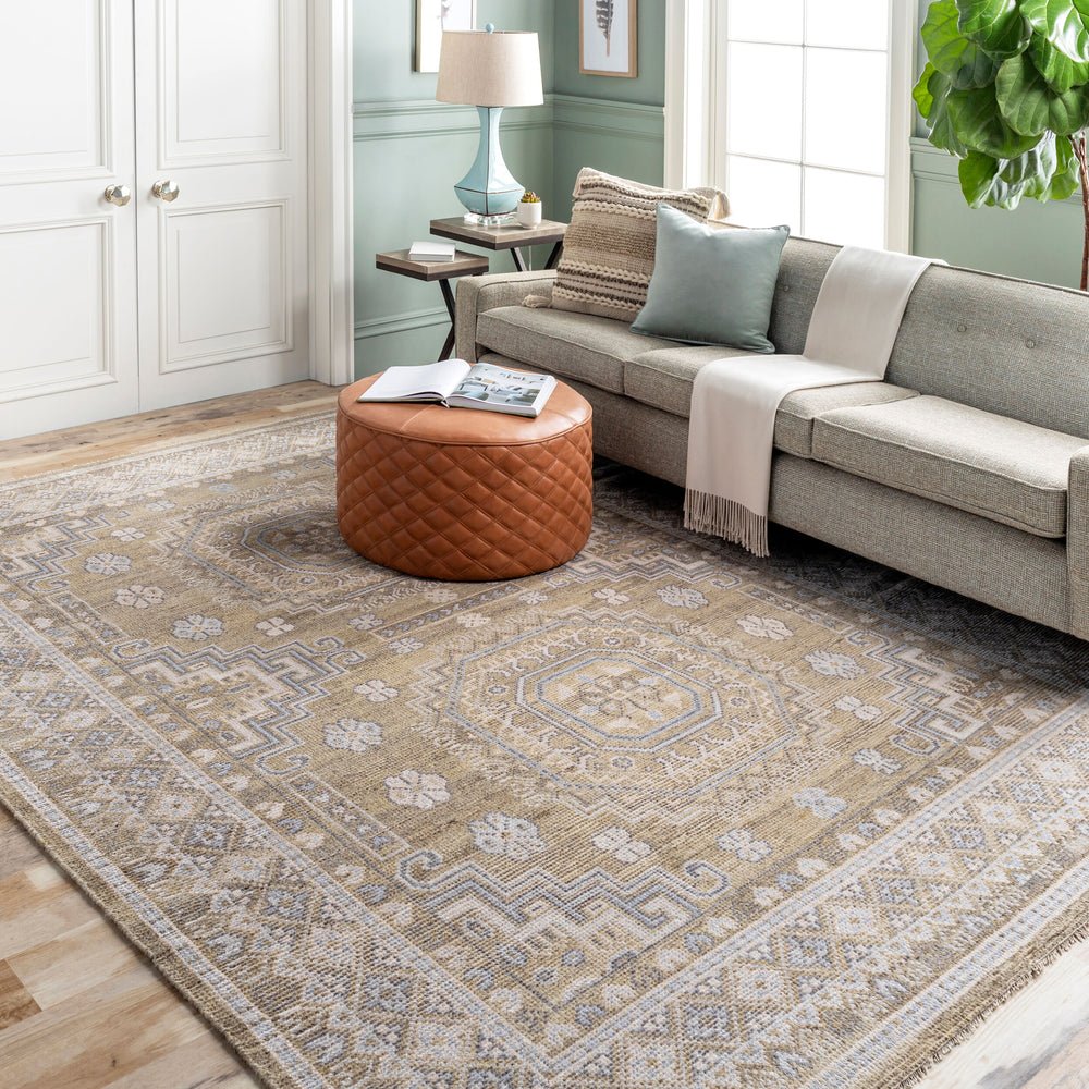 Almeria Hand Knotted Rug ALM-2301 in Mustard, styled in a room