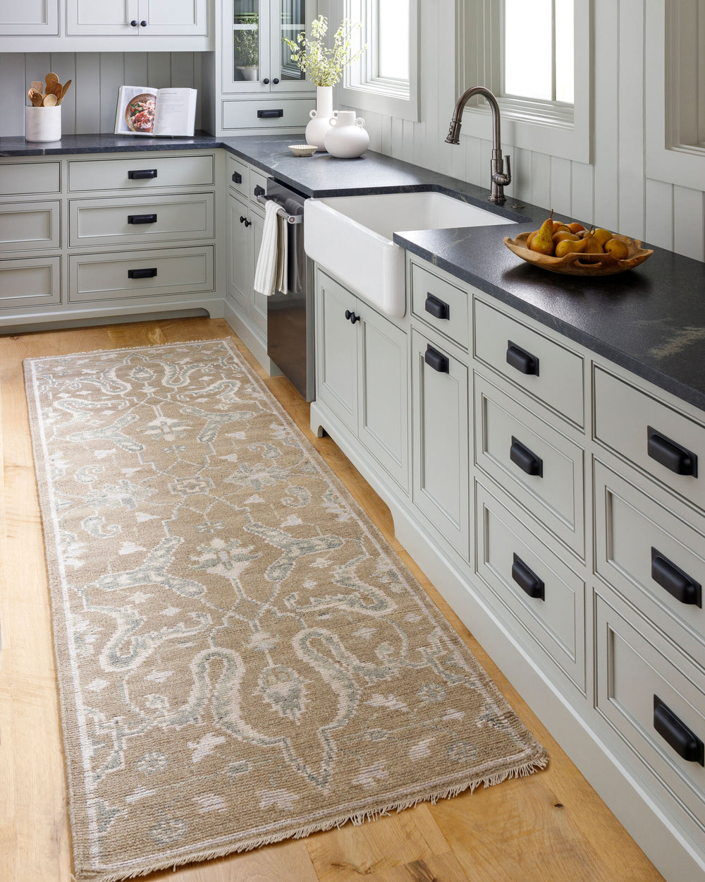 Almeria Hand Knotted Rug ALM-2304 in Light Brown, styled in a room