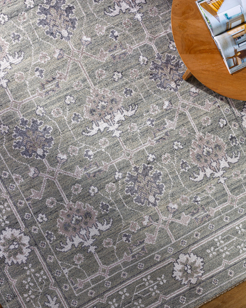 Almeria Hand Knotted Rug ALM-2305 in Medium Grey, styled in a room
