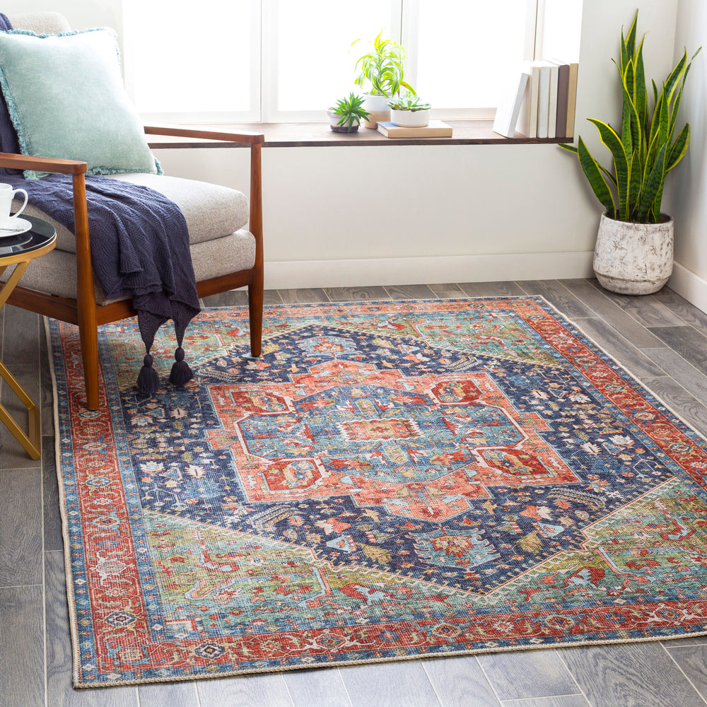 Amelie Machine Woven Rug AML-2311 in Blue, styled in a room