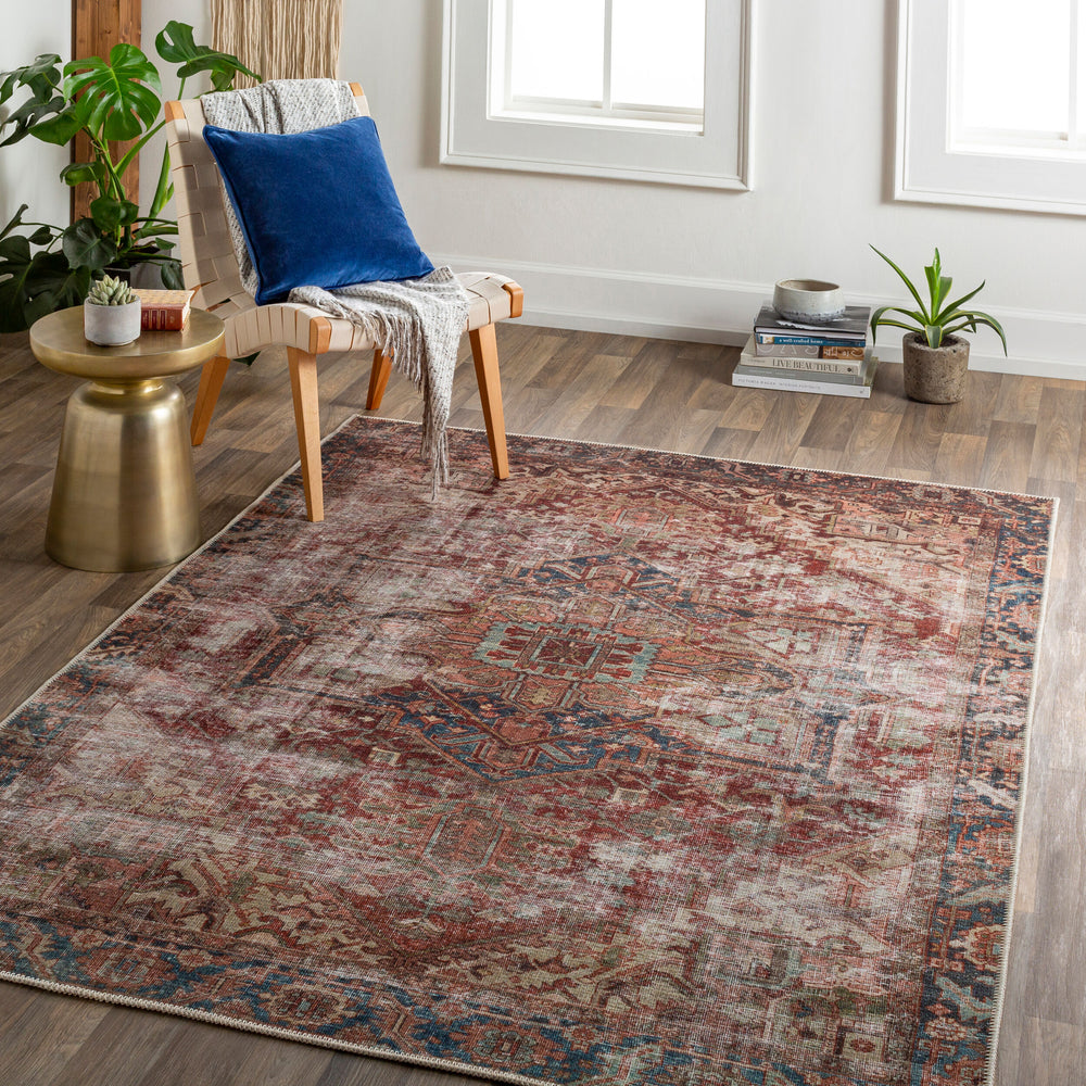 Amelie Machine Woven Rug AML-2350 in Burgundy, styled in a room