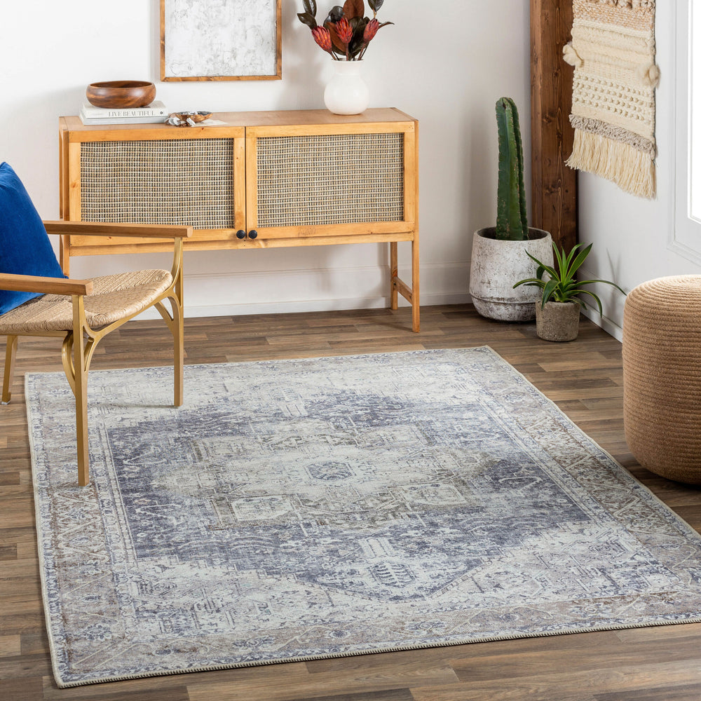 Amelie Machine Woven Rug AML-2360 in Ink Blue, styled in a room