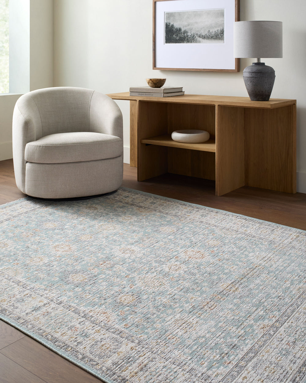 Amir Machine Woven Rug AMR-2304 in Sky Blue, styled in a room