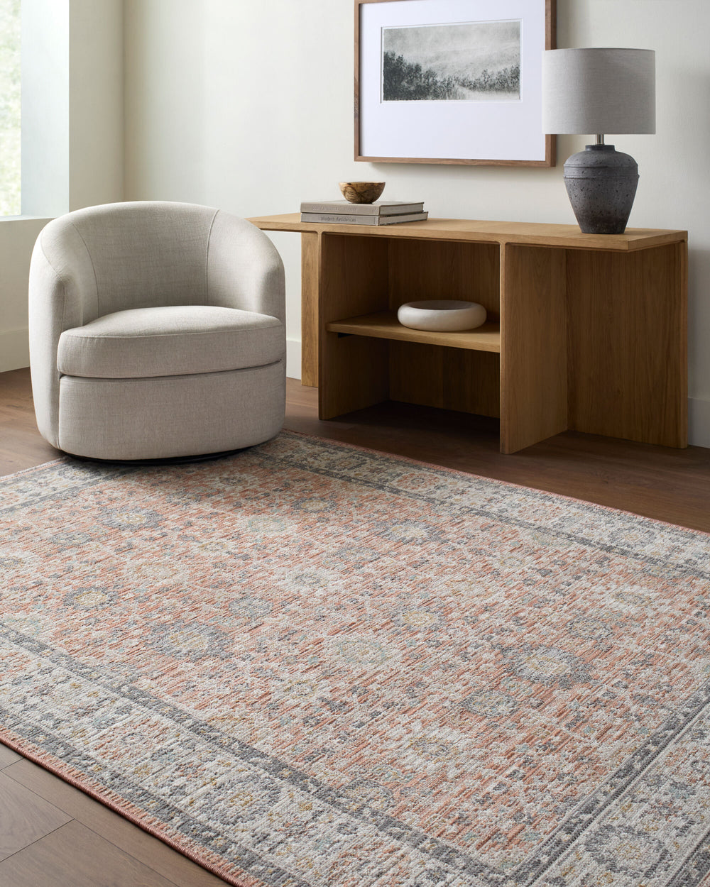 Amir Machine Woven Rug AMR-2305 in Rose, styled in a room