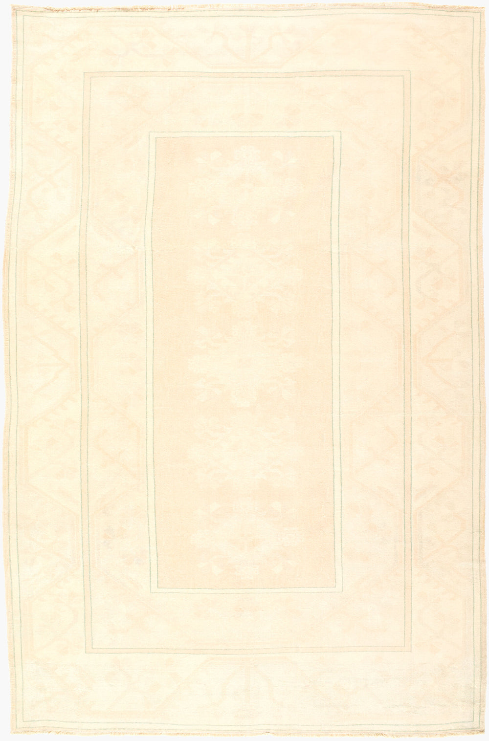Antique Turkish hand-knotted rug in ivory, 6'6" x 10', full view