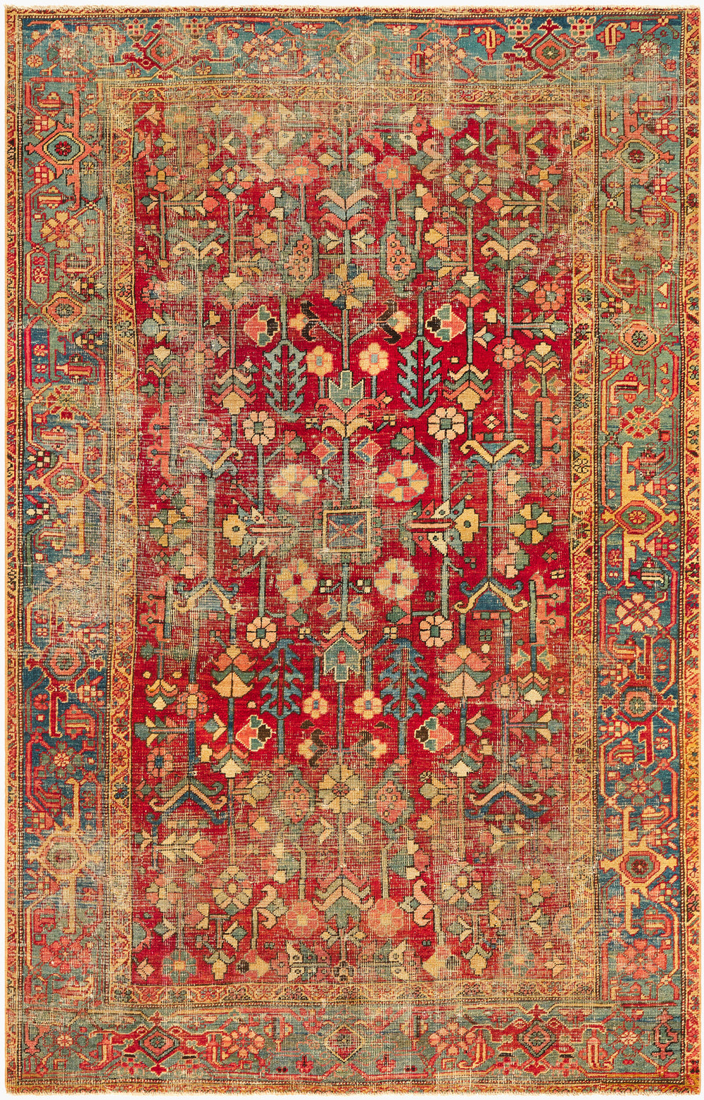 Antique Turkish hand-knotted rug in crimson, 5'9" x 9'2", full view