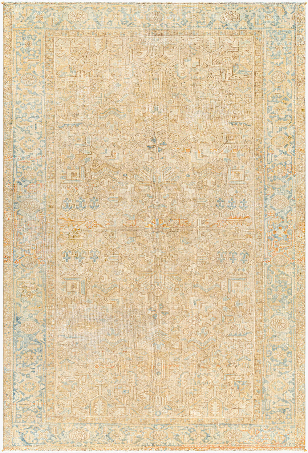 Antique Turkish hand-knotted rug in beige, 7' x 10'9", full view