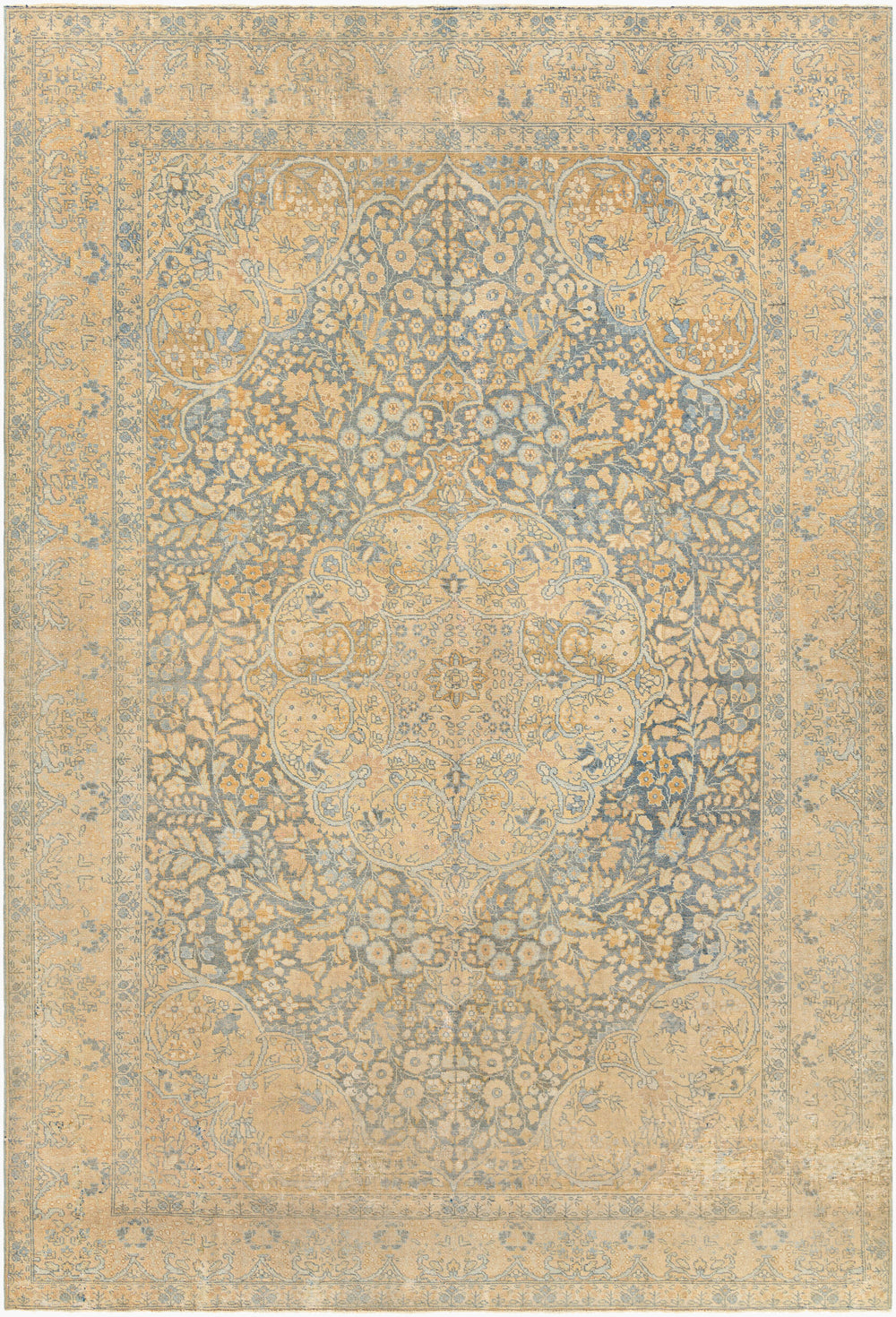 Antique Turkish hand-knotted rug in beige, 7'9" x 11', full view