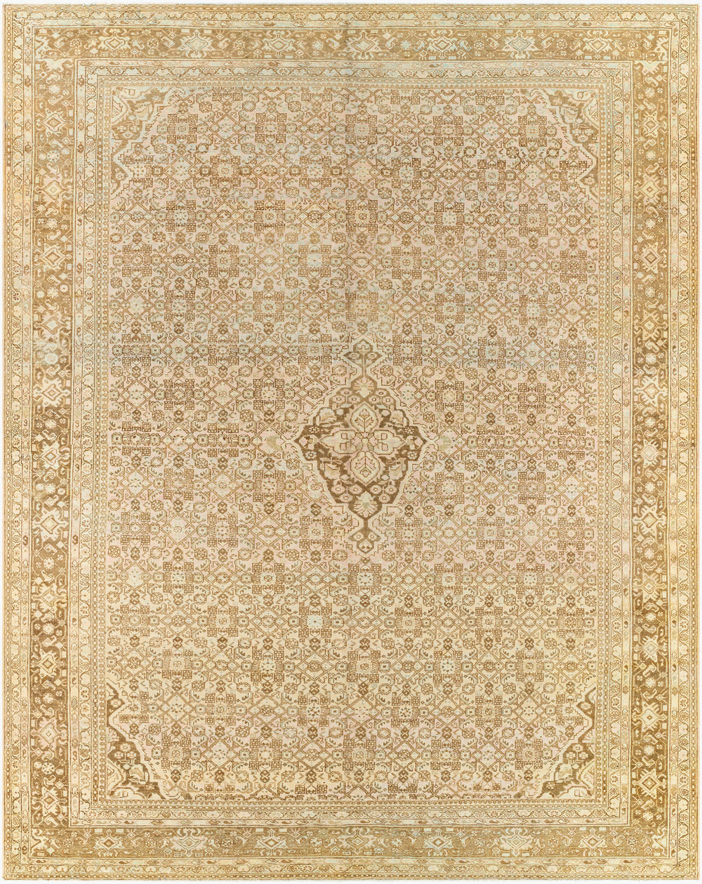 Antique Turkish hand-knotted rug in beige, 10'5" x 13', full view
