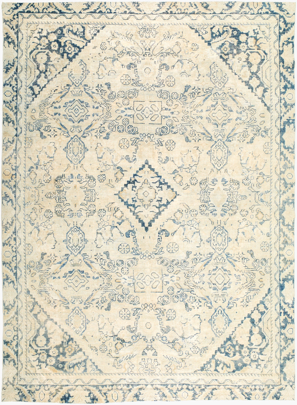 Antique Turkish hand-knotted rug in ivory, 8'5" x 11'4", full view