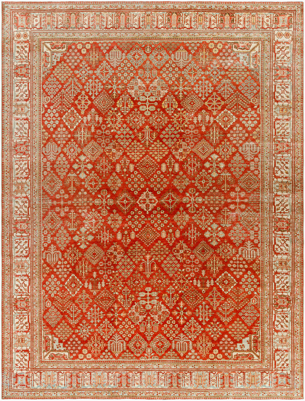 Antique Turkish hand-knotted rug in burnt sienna, 7'5" x 9'10", full view