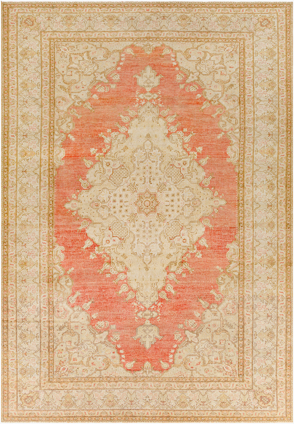 Antique Turkish hand-knotted rug in coral, 9'5" x 13'7", full view