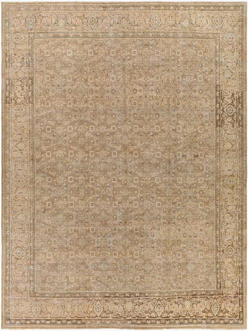 Antique Turkish hand-knotted rug in beige, 9'6" x 12'6", full view