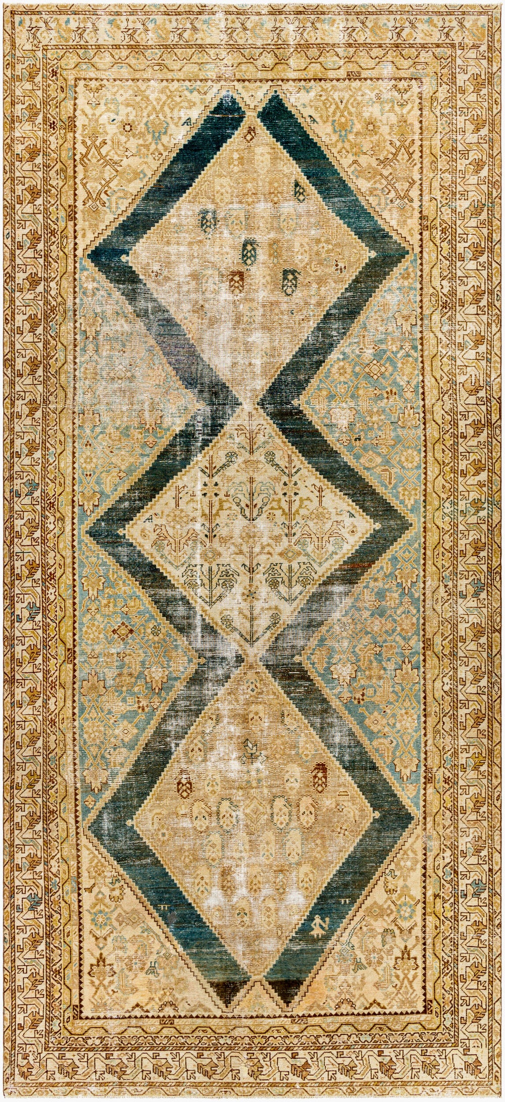 Antique Turkish hand-knotted rug in beige, 5'11" x 13'4", full view