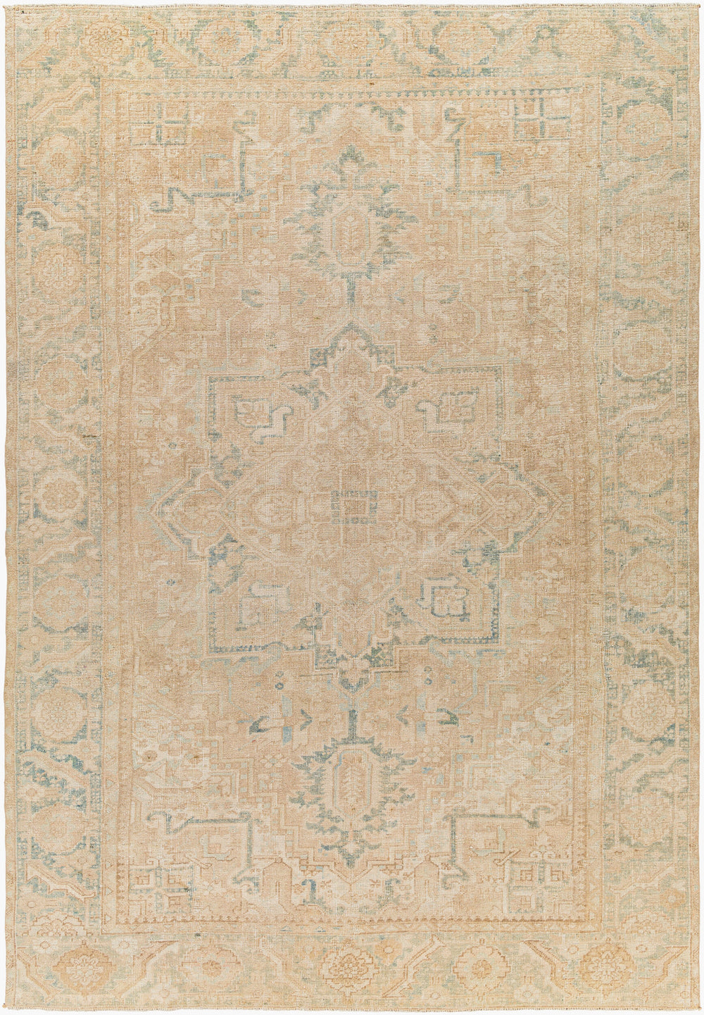 Antique Turkish hand-knotted rug in beige, 7'3" x 10'4", full view