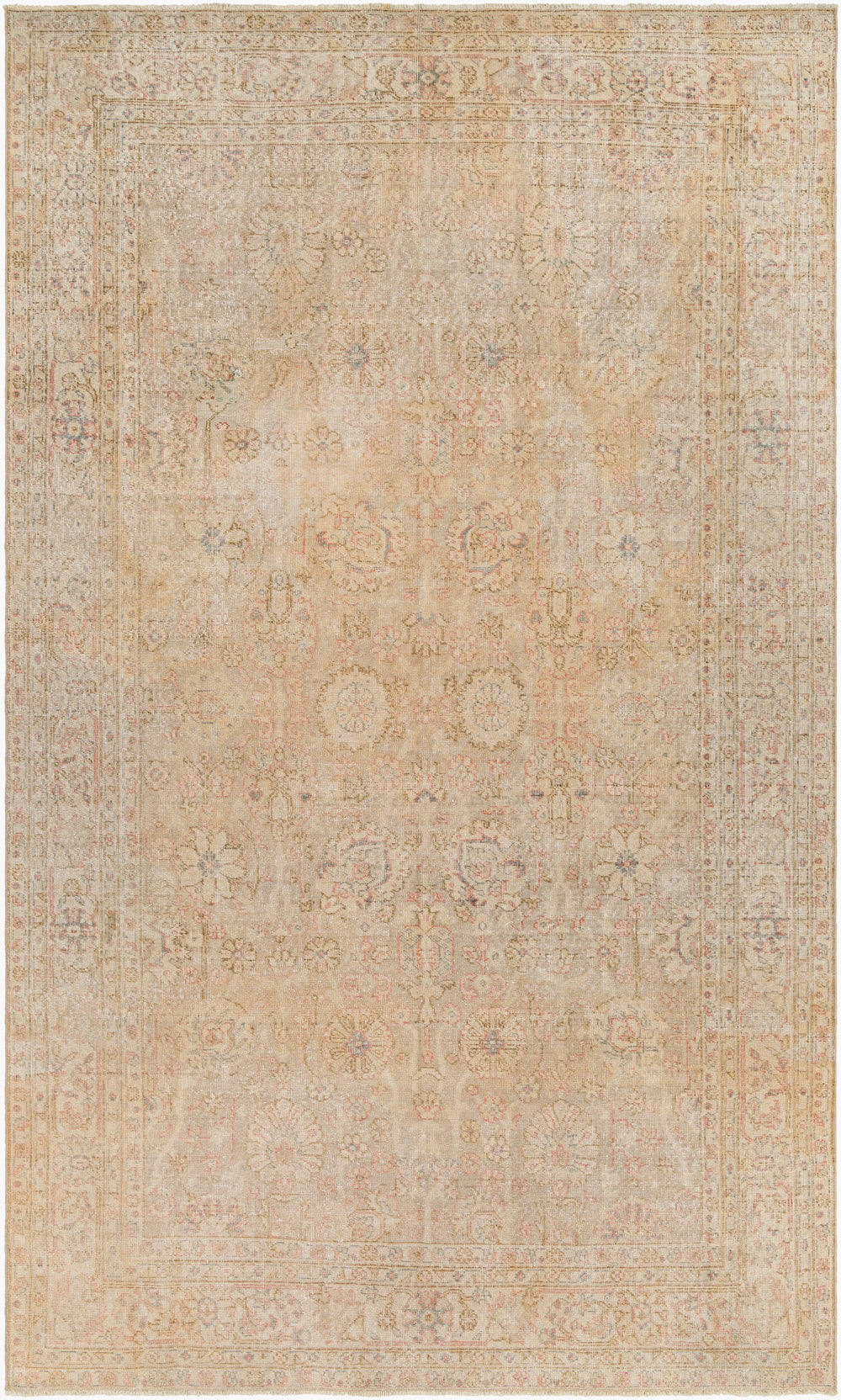 Antique Turkish hand-knotted rug in beige, 6'10" x 11'9", full view