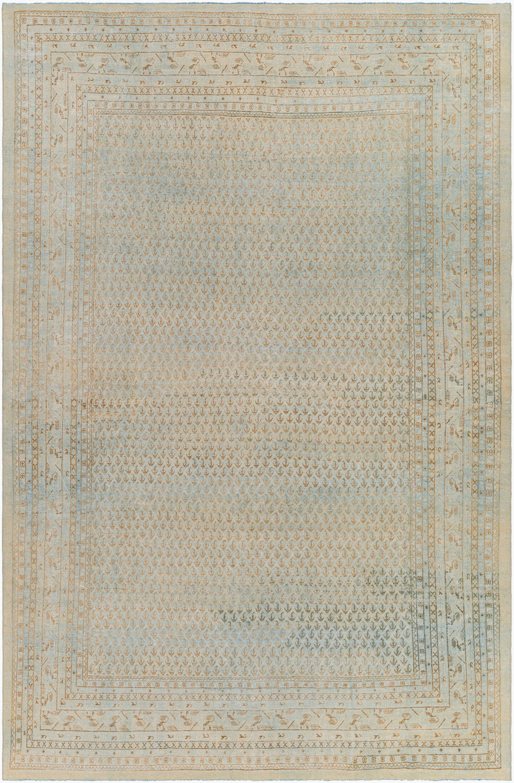 Antique Turkish hand-knotted rug in sky blue, 6'10" x 10'5", full view