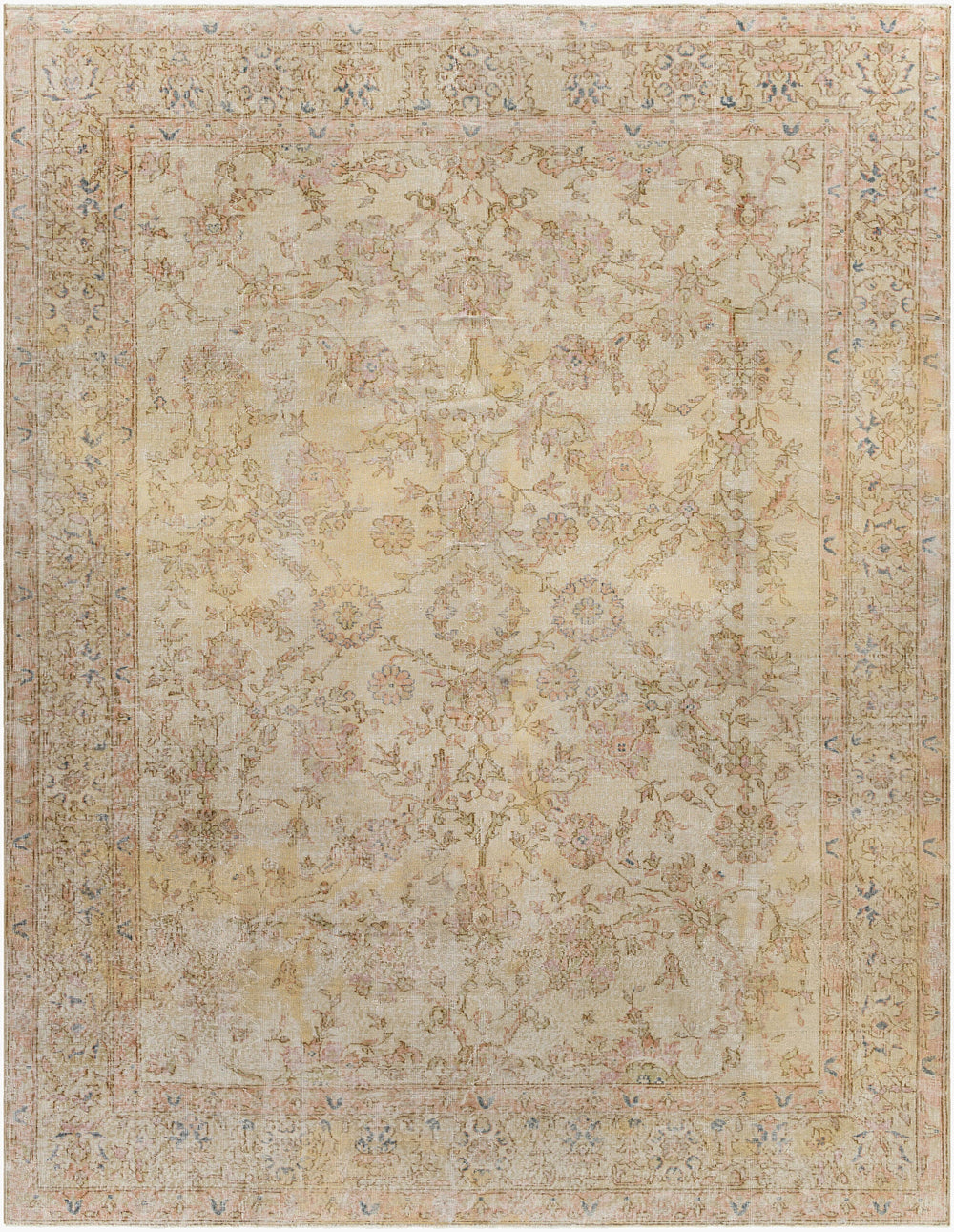 Antique Turkish hand-knotted rug in ivory, 8'3" x 10'9", full view