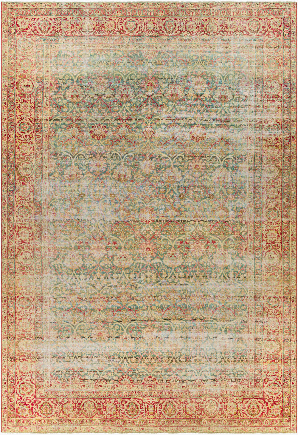 Antique Turkish hand-knotted rug in crimson, 9'8" x 14', full view