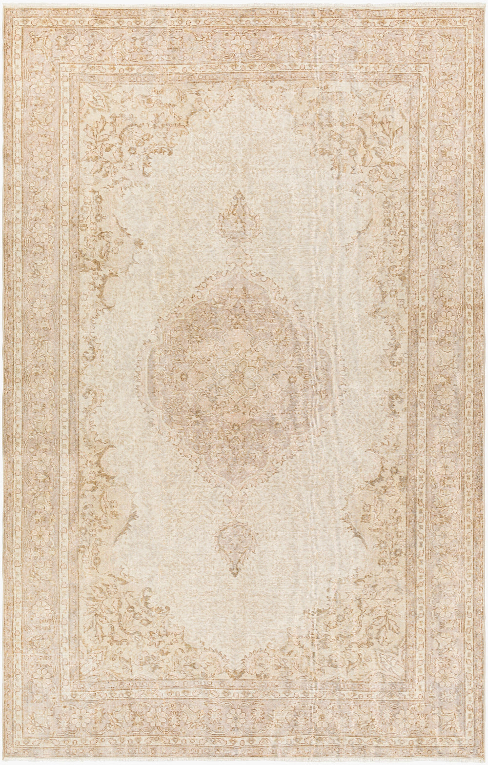Antique Turkish hand-knotted rug in ivory, 6'9" x 10'5", full view