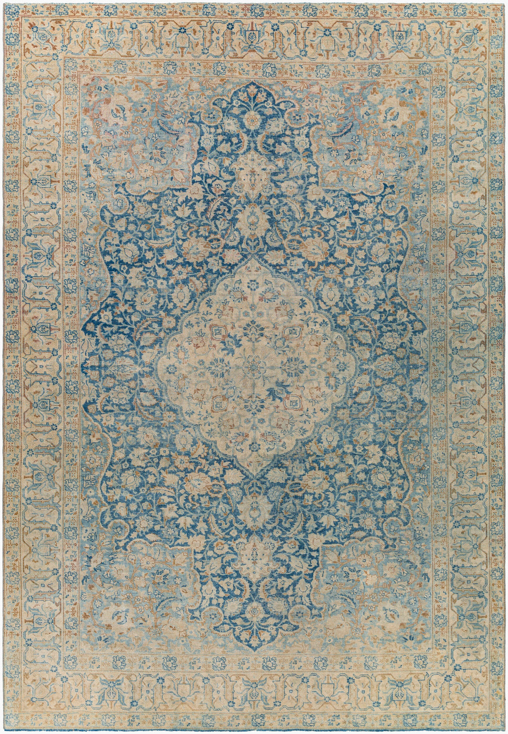 Antique Turkish hand-knotted rug in navy, 7'4" x 10'3", full view