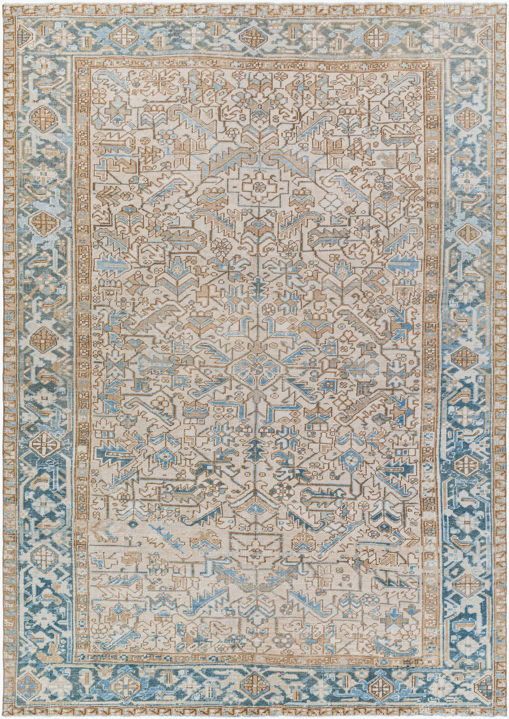 Antique Turkish hand-knotted rug in sky blue, 7'4" x 10'3", full view