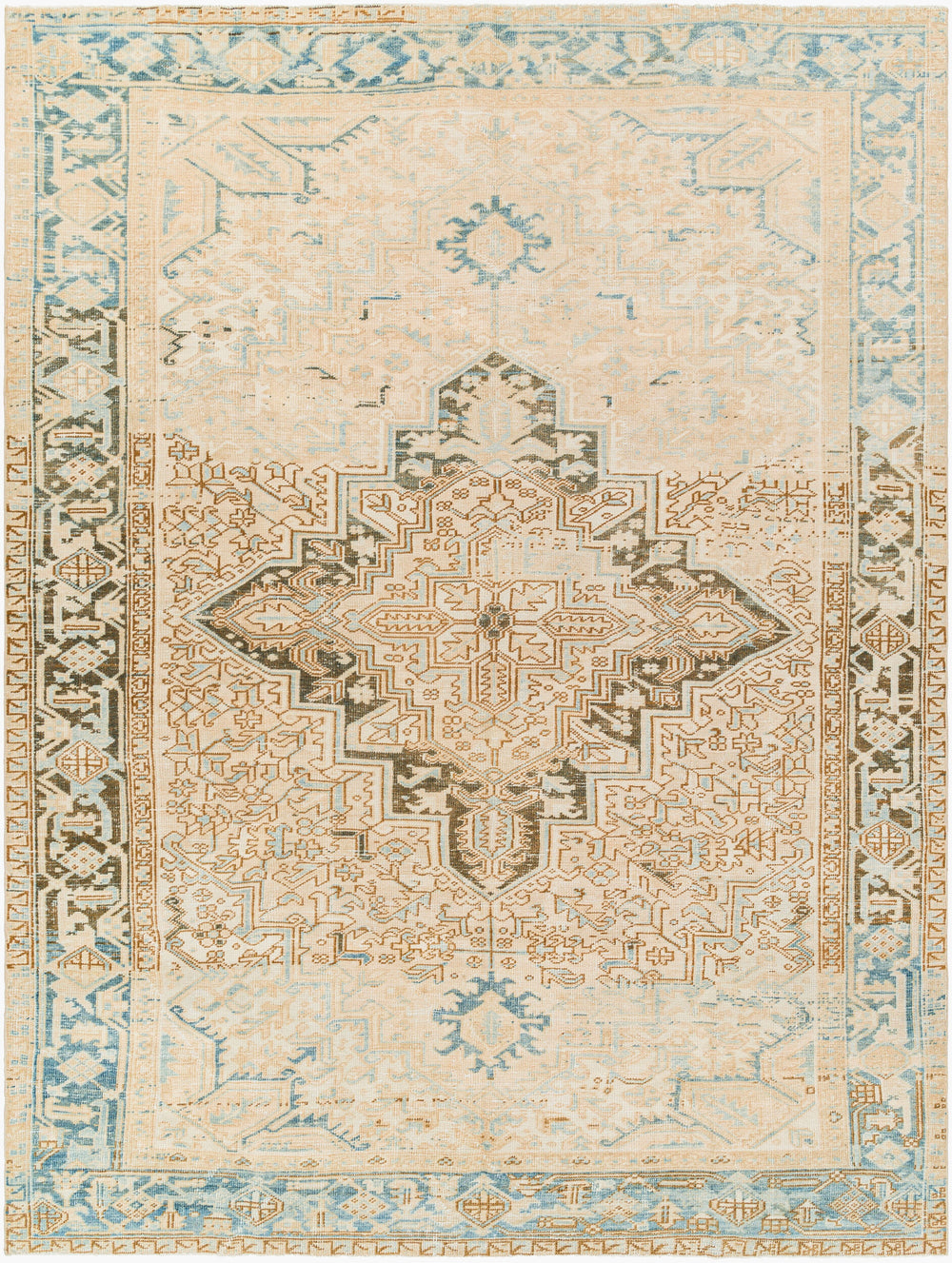 Antique Turkish hand-knotted rug in sky blue, 7'4" x 9'11", full view