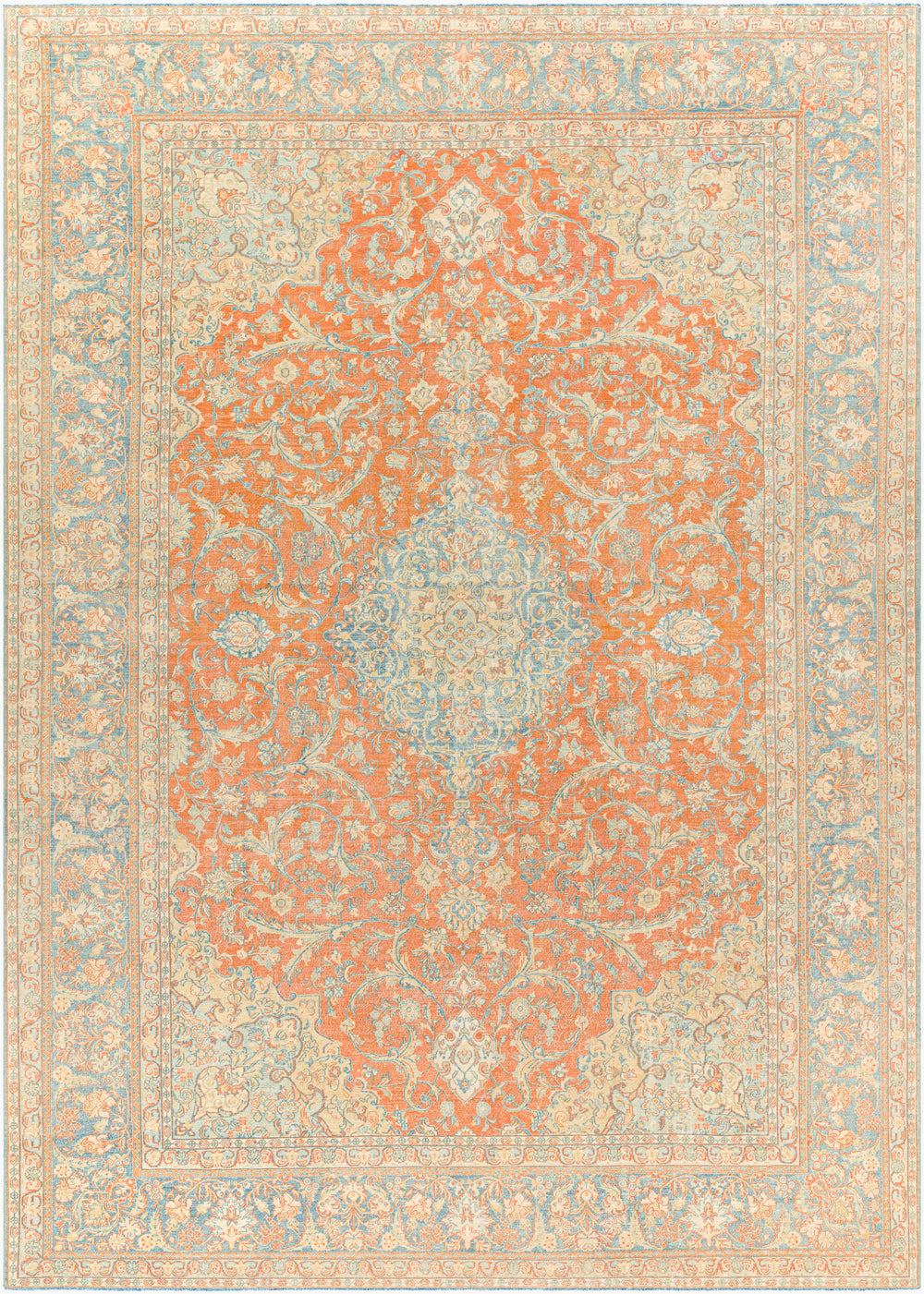 Antique Turkish hand-knotted rug in terracotta, 9'4" x 13', full view