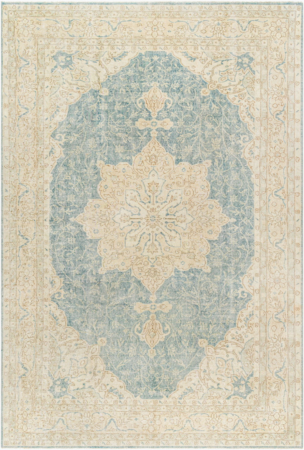 Antique Turkish hand-knotted rug in powder blue, 7' x 10'2", full view