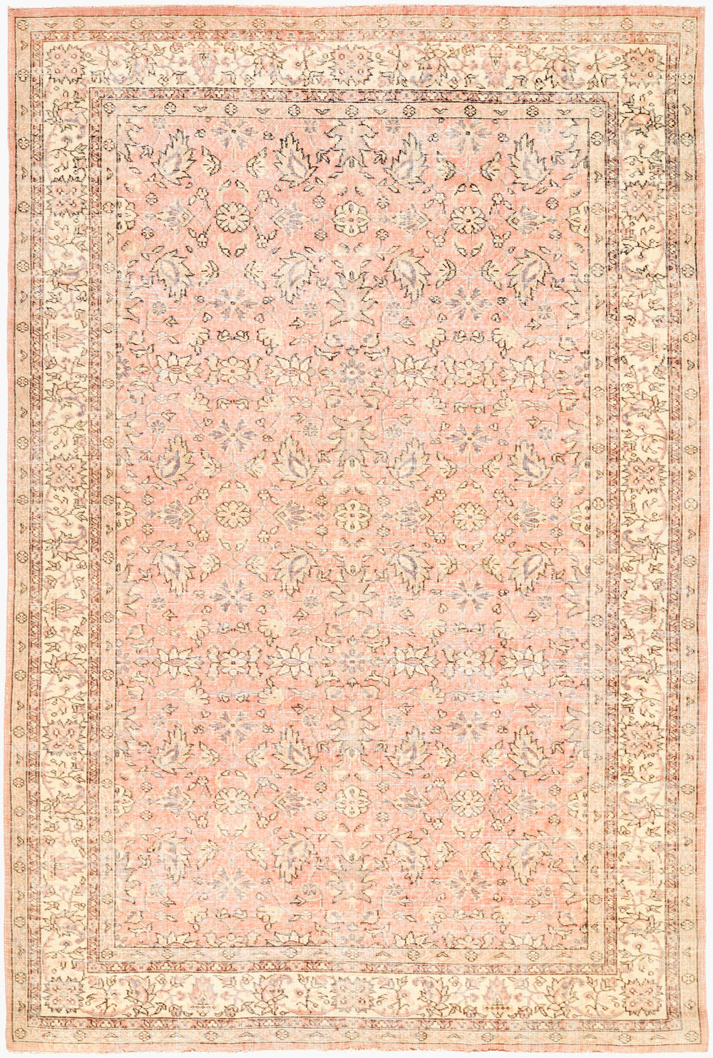 Antique Turkish hand-knotted rug in blush, 6'5" x 9'6", full view