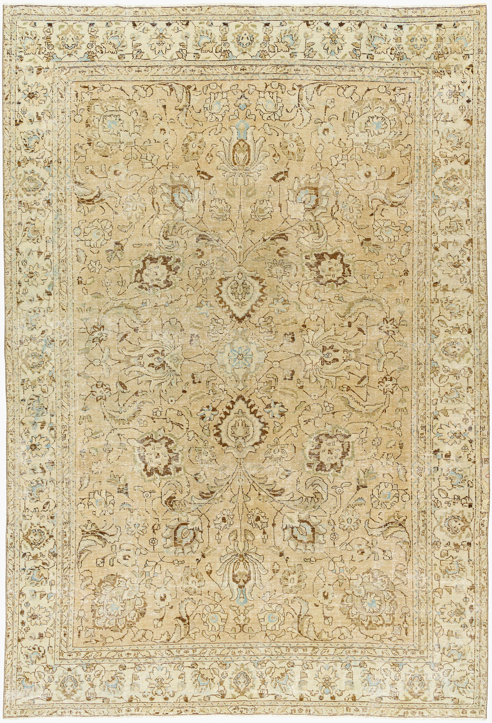 Antique Turkish hand-knotted rug in beige, 6'11" x 10'2", full view