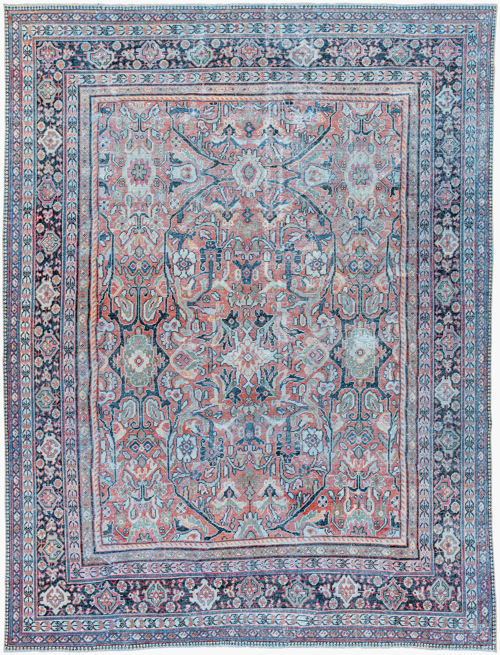 Antique Turkish hand-knotted rug in rust, 9' x 11'10", full view