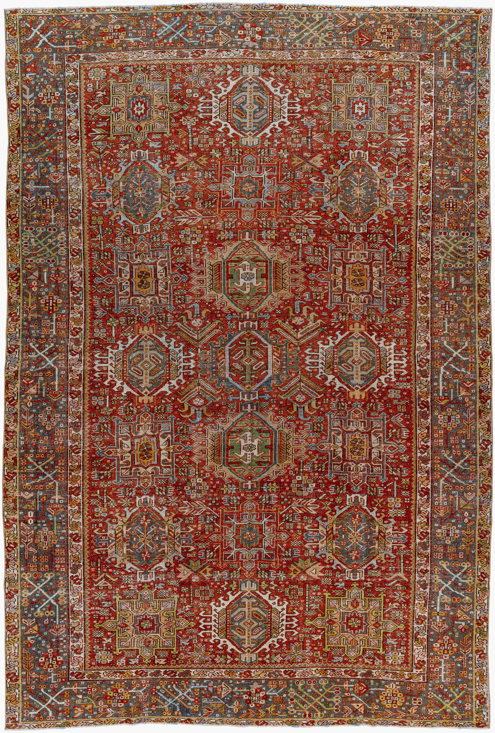 Antique Turkish hand-knotted rug in rust, 7'4" x 10'10", full view