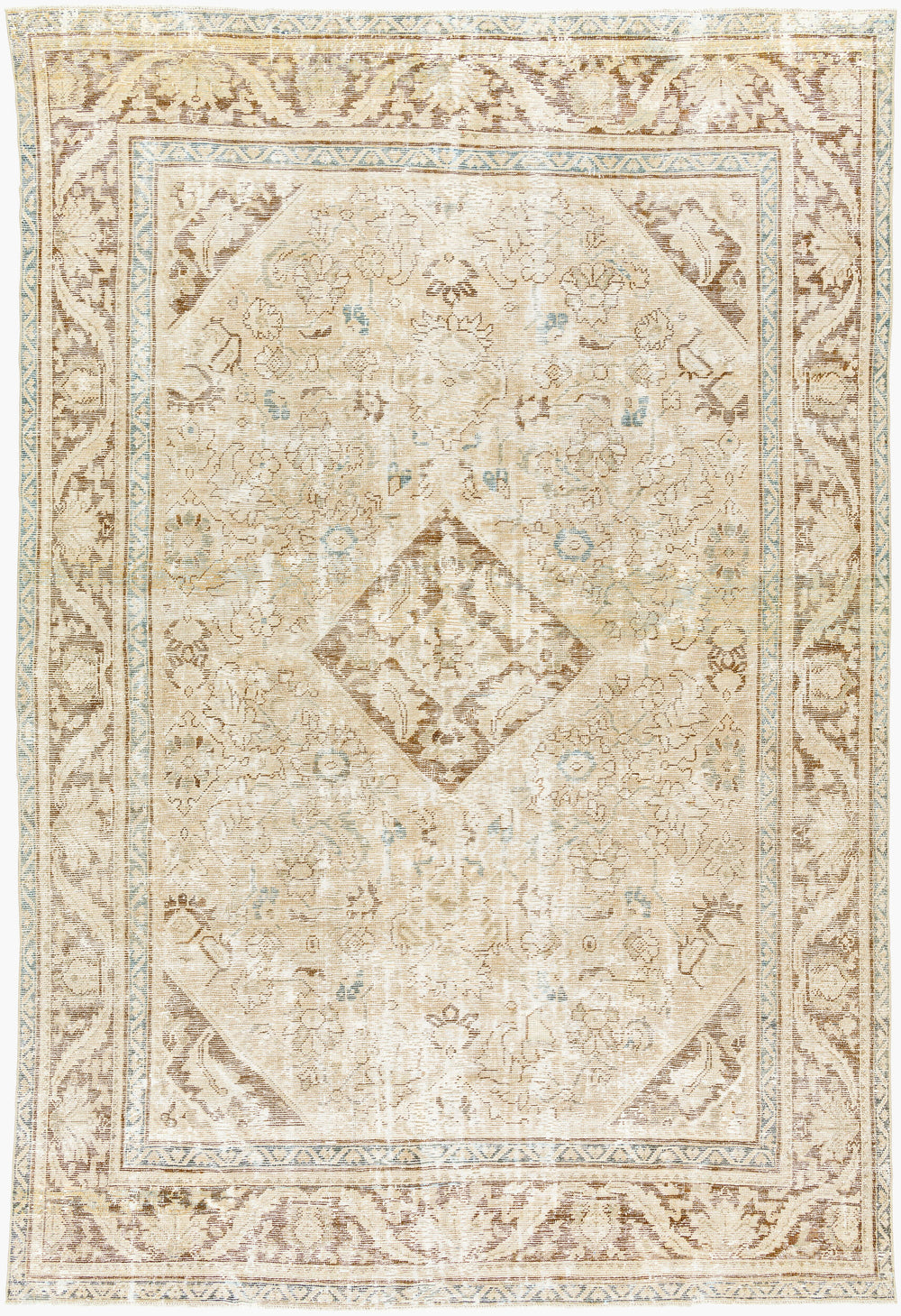 Antique Turkish hand-knotted rug in ivory, 8'8" x 11'3", full view