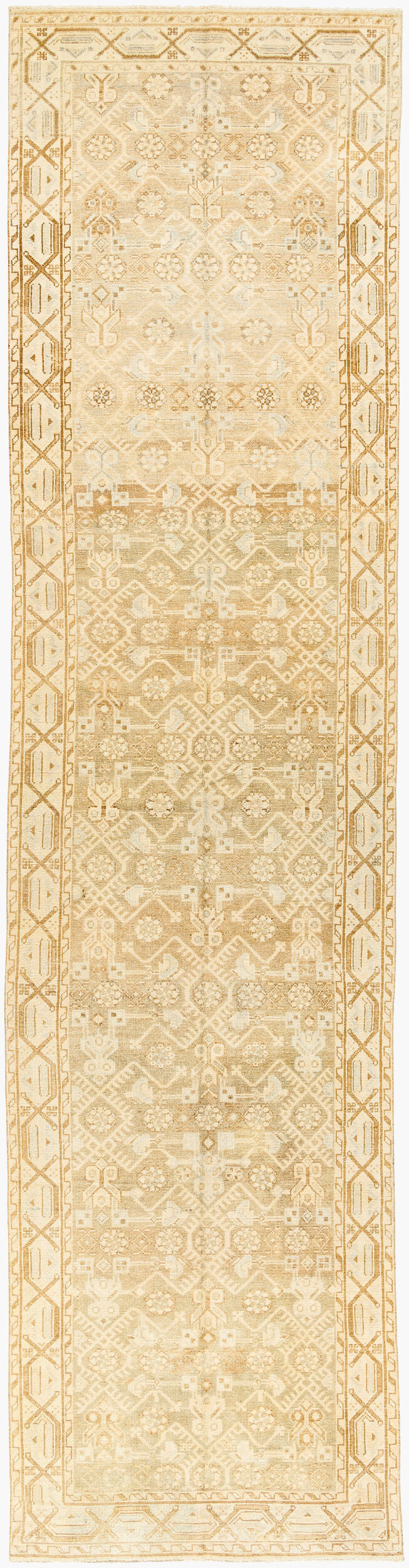 Antique Turkish hand-knotted rug in ivory, 3'5" x 13'9", full view