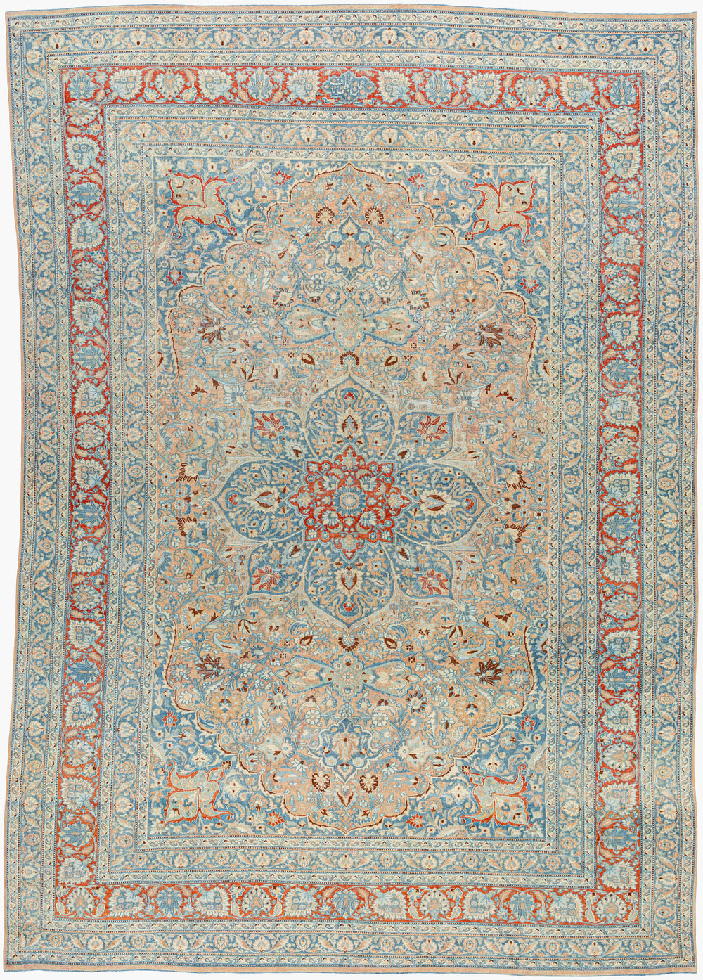 Antique Turkish hand-knotted rug in sky blue, 9'1" x 13'1", full view