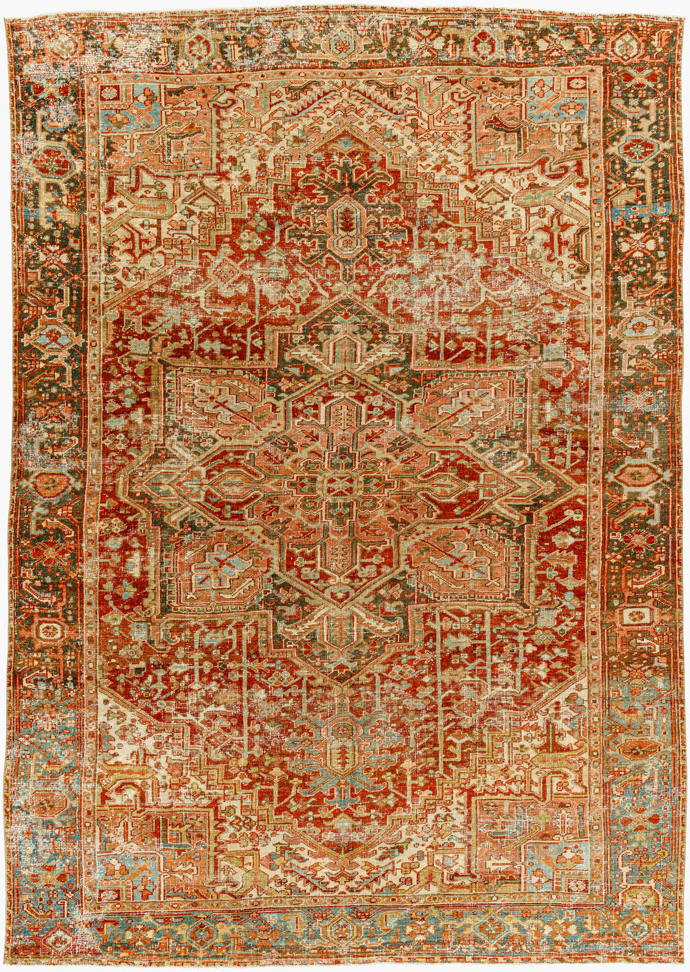 Antique Turkish hand-knotted rug in rust, 7'3" x 10', full view
