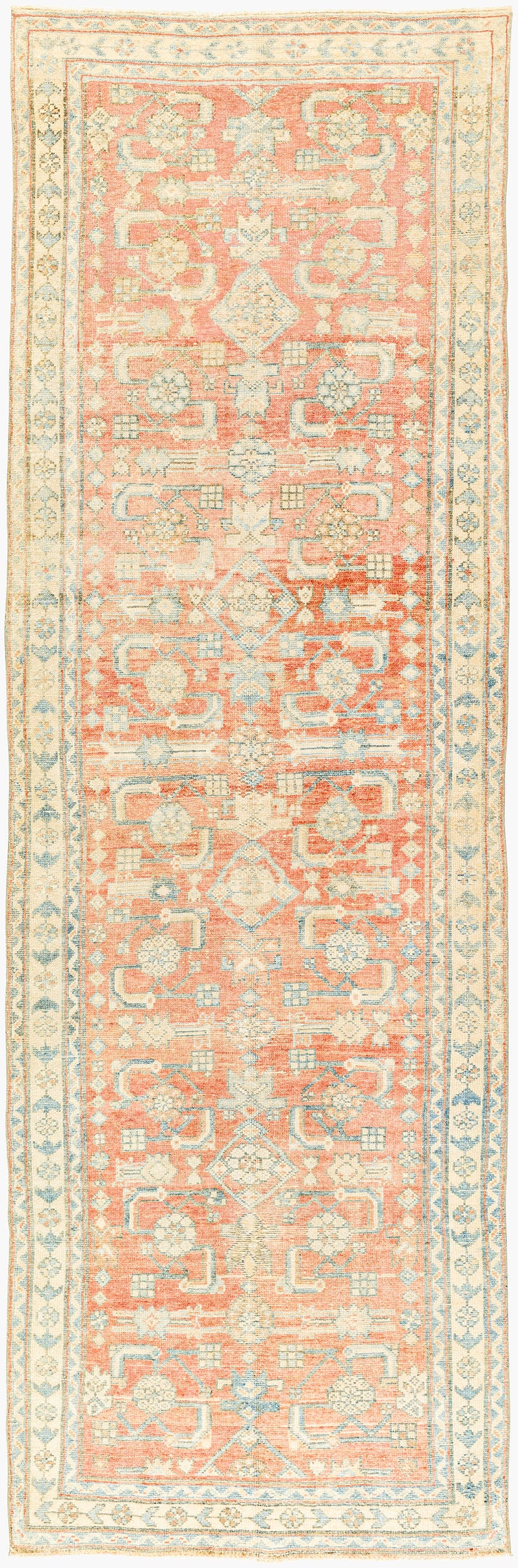 Antique Turkish hand-knotted rug in coral, 3' x 9', full view